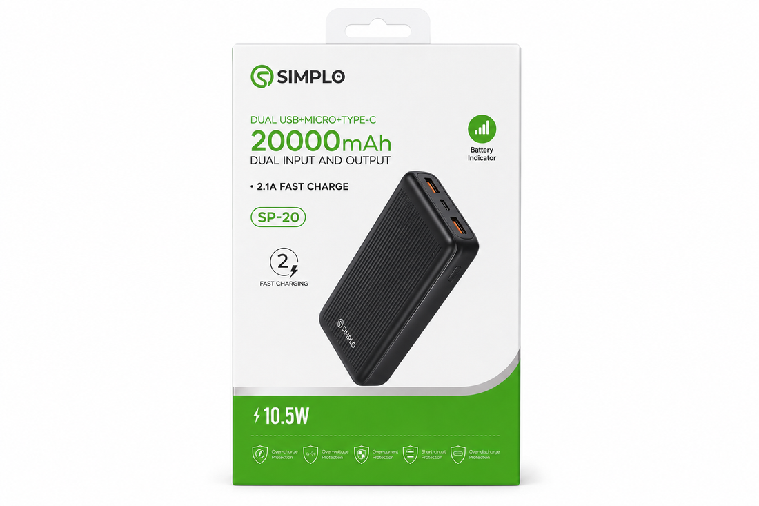 SIMPLO SP-19 10000mAh Fast Charging Power Bank – Dual USB Output, Micro USB + Type-C Input, 2.1A Portable Battery Pack